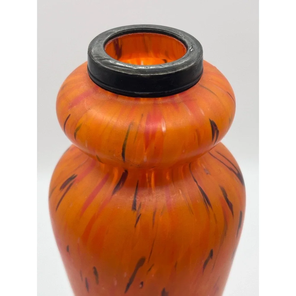 Art Deco Sterling Silver-Mounted Orange Art Glass Bud Vase 7.5